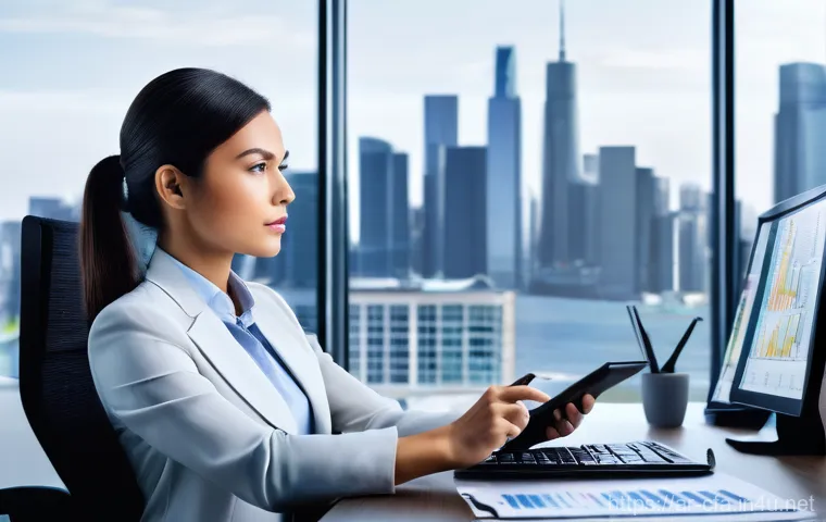 금융투자분석사와 투자 심리 분석 - **Prompt:** A focused and astute female financial analyst, dressed in professional business attire, ...