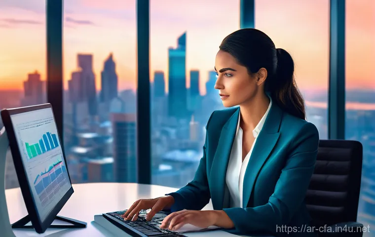 금융투자분석사의 업무 혁신 사례 - **Prompt 1: Sophisticated Financial Analyst with AI Hologram**
    A focused, professional woman, a ...