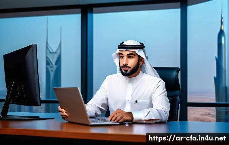CFA 연봉과 보너스 체계 - A professional Arab man in a modern financial office in Riyadh, dressed in smart business attire wit...