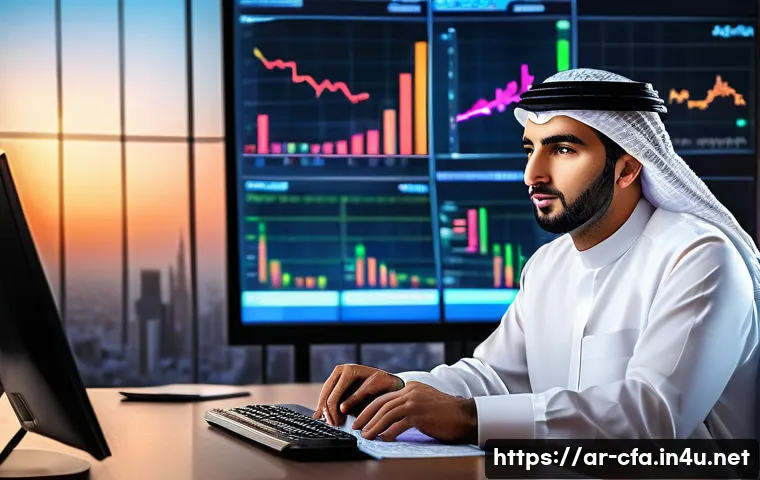 금융투자분석사와 초보 투자자 교육 - A professional Arab man in traditional attire (thobe and ghutra) sitting at a sleek modern desk anal...