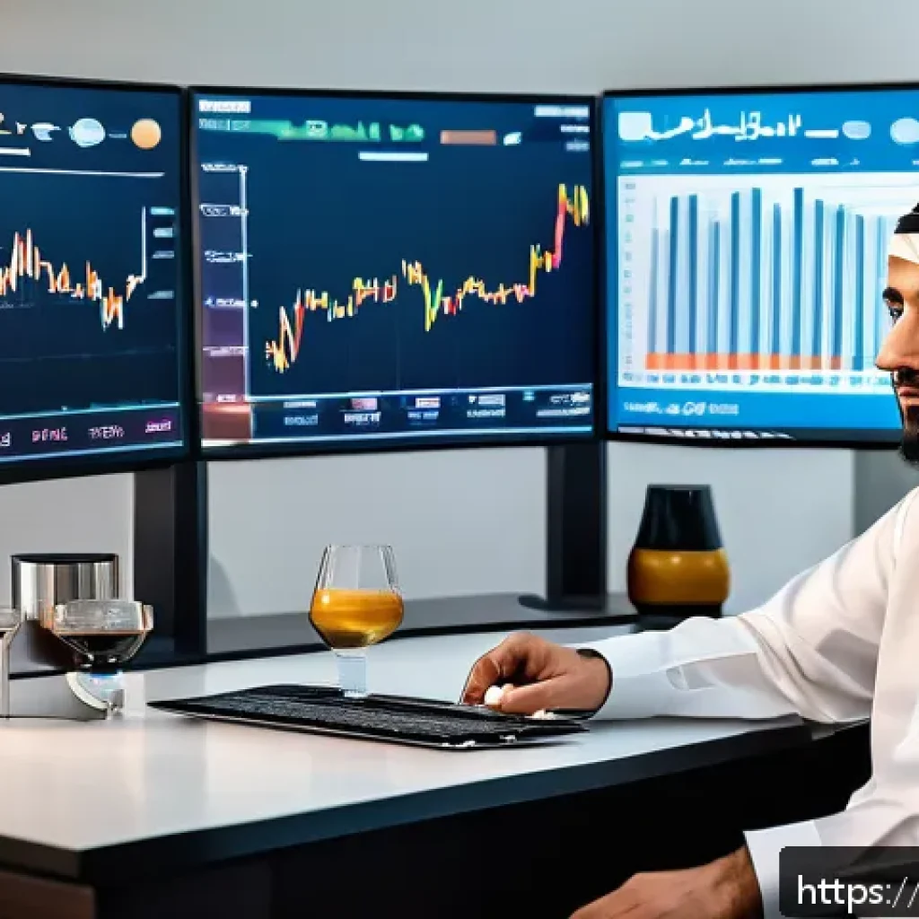 금융투자분석사로서 경제적 자유 찾기 - A sophisticated Middle Eastern investor sitting at a modern desk in a luxurious office, analyzing ec...