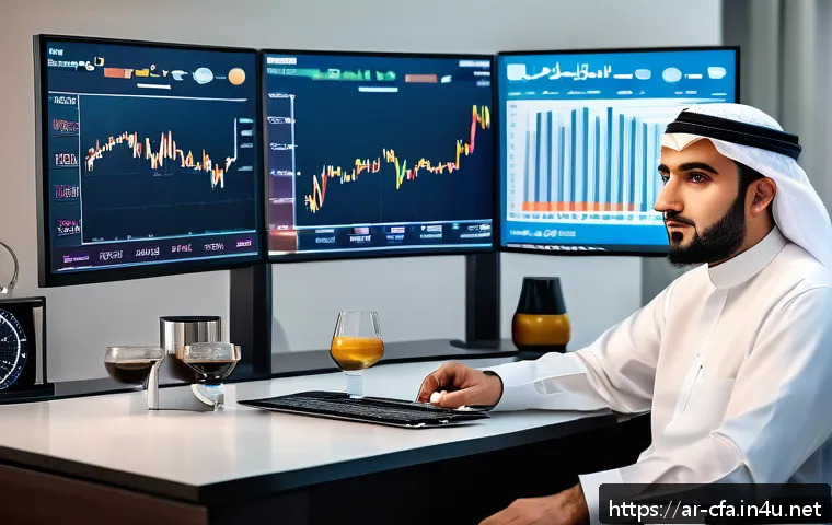 금융투자분석사로서 경제적 자유 찾기 - A sophisticated Middle Eastern investor sitting at a modern desk in a luxurious office, analyzing ec...