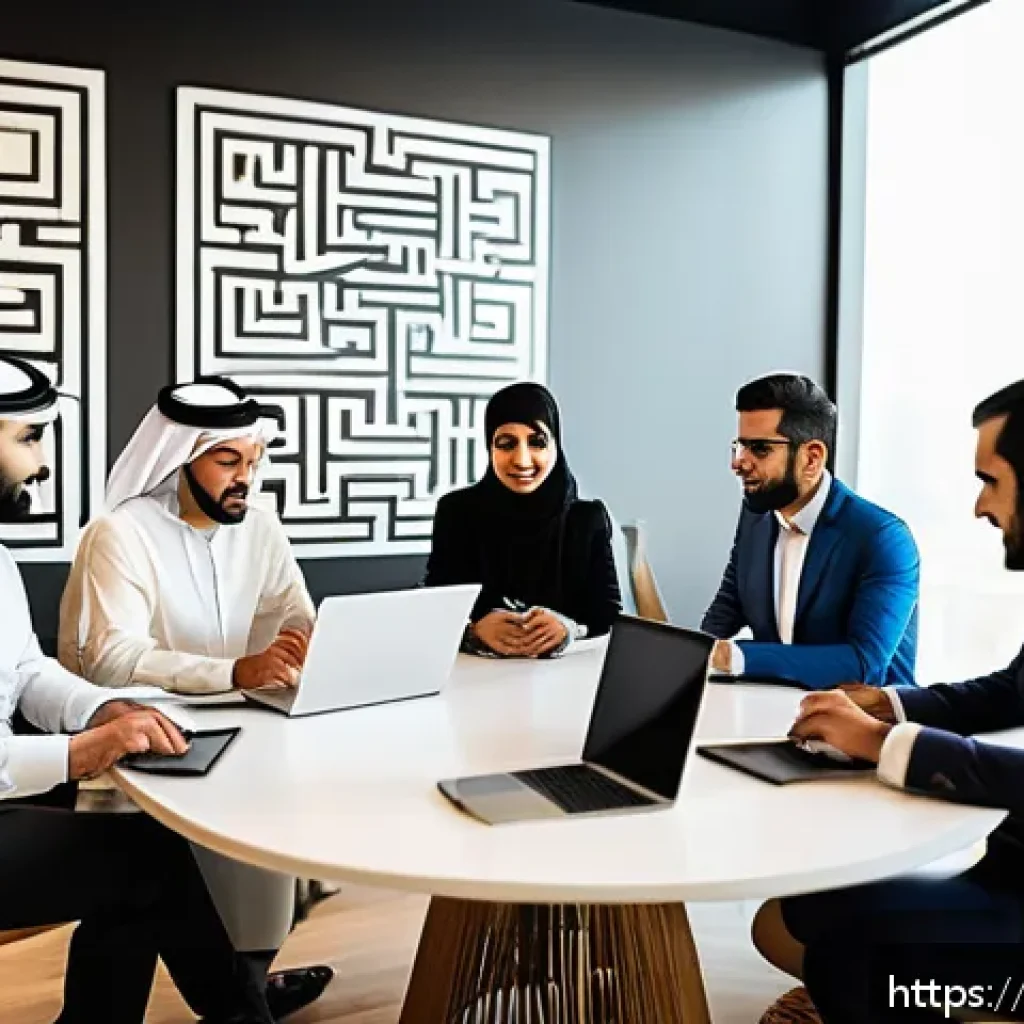 금융투자분석사 커뮤니티 활용법 - A vibrant Middle Eastern financial community gathering in a modern co-working space, diverse group o...