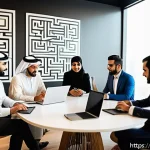 금융투자분석사 커뮤니티 활용법 - A vibrant Middle Eastern financial community gathering in a modern co-working space, diverse group o...