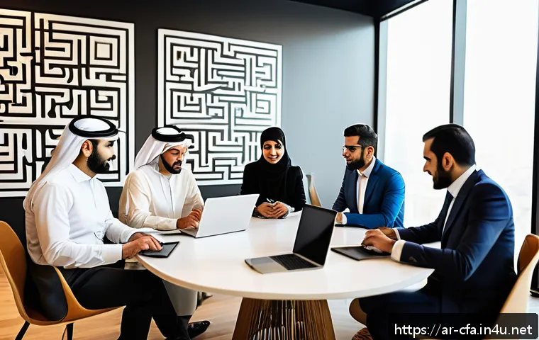 금융투자분석사 커뮤니티 활용법 - A vibrant Middle Eastern financial community gathering in a modern co-working space, diverse group o...