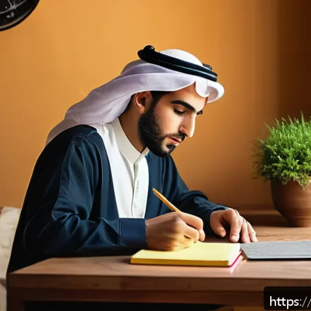 CFA 학습 자료 추천 - A focused young Arab man studying at a traditional wooden desk in a cozy room filled with natural li...