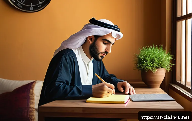 CFA 학습 자료 추천 - A focused young Arab man studying at a traditional wooden desk in a cozy room filled with natural li...