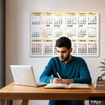 CFA 시험 일정 관리법 - A focused Arab male student in his mid-20s studying at a modern, quiet study desk with warm lighting...