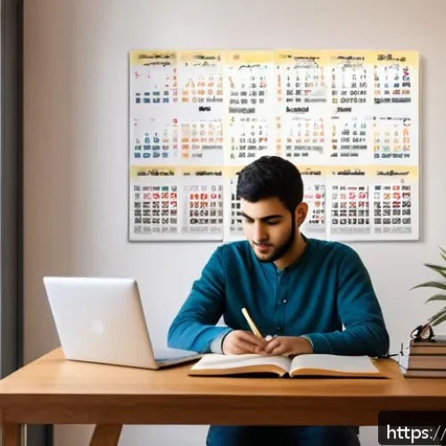 CFA 시험 일정 관리법 - A focused Arab male student in his mid-20s studying at a modern, quiet study desk with warm lighting...
