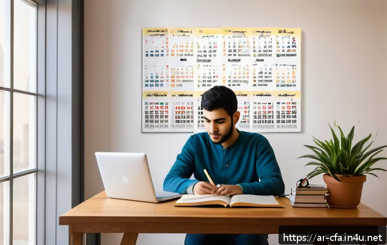 CFA 시험 일정 관리법 - A focused Arab male student in his mid-20s studying at a modern, quiet study desk with warm lighting...