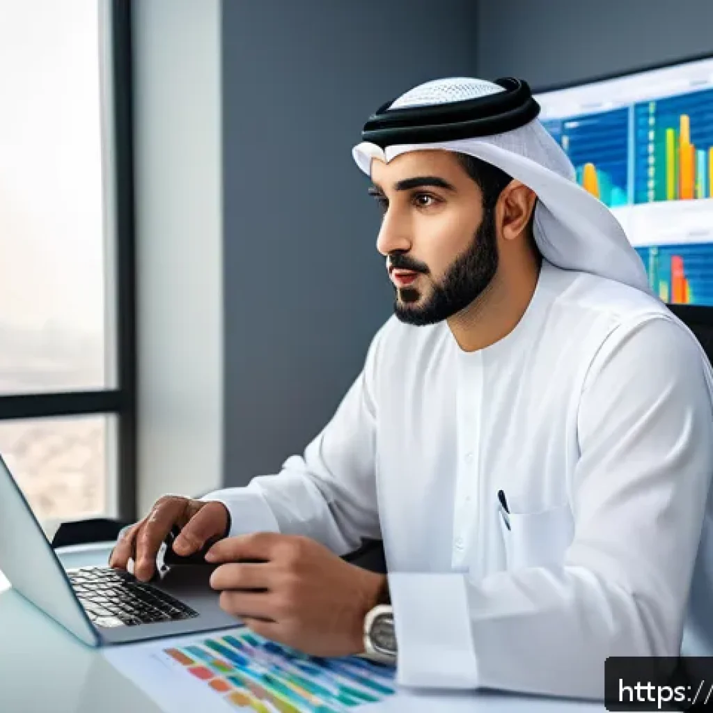 금융투자분석사 블로그 주제 선정법 - A professional Arab male financial analyst in traditional Gulf attire (white thobe and ghutra) sitti...
