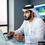 금융투자분석사 블로그 주제 선정법 - A professional Arab male financial analyst in traditional Gulf attire (white thobe and ghutra) sitti...