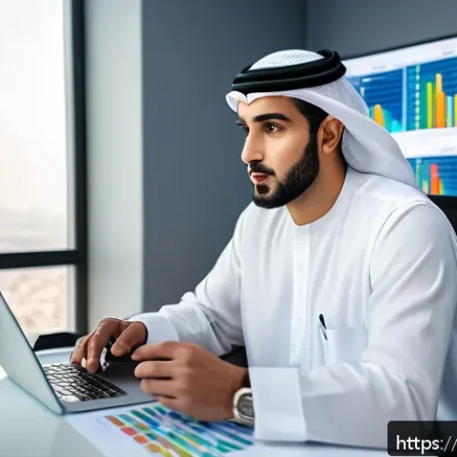 금융투자분석사 블로그 주제 선정법 - A professional Arab male financial analyst in traditional Gulf attire (white thobe and ghutra) sitti...