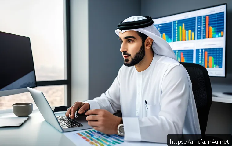 금융투자분석사 블로그 주제 선정법 - A professional Arab male financial analyst in traditional Gulf attire (white thobe and ghutra) sitti...