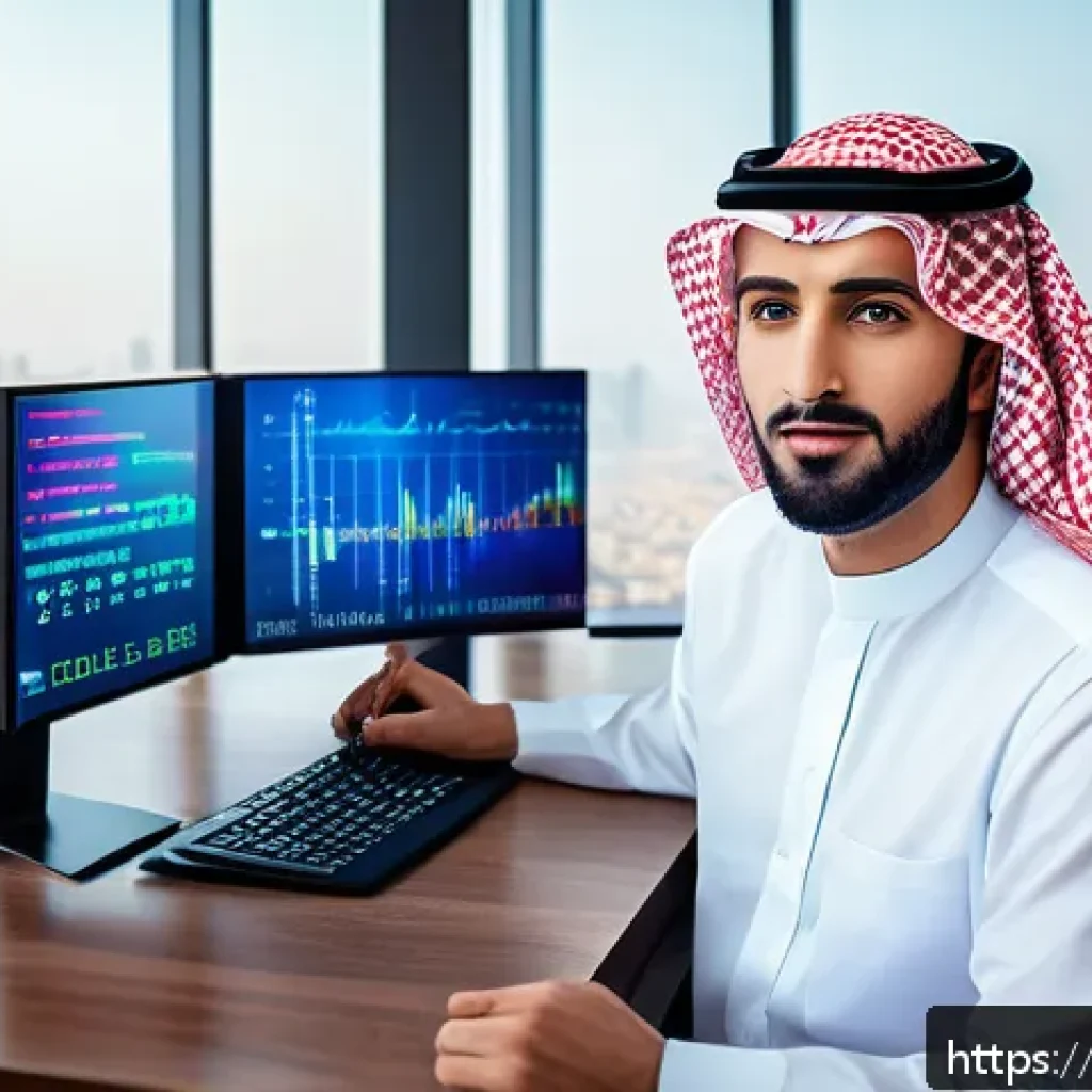 CFA와 투자 철학 정립 - A professional Arab male investor in traditional attire, sitting at a modern desk with multiple digi...