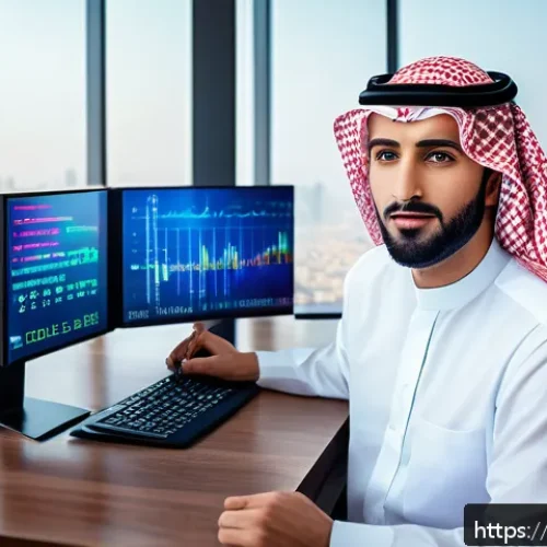 CFA와 투자 철학 정립 - A professional Arab male investor in traditional attire, sitting at a modern desk with multiple digi...