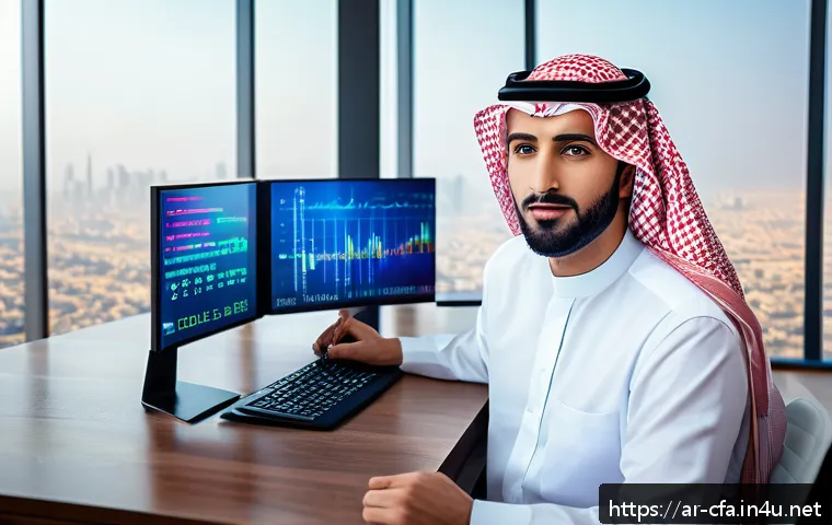CFA와 투자 철학 정립 - A professional Arab male investor in traditional attire, sitting at a modern desk with multiple digi...