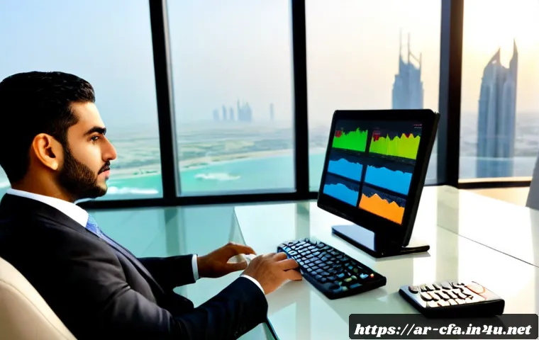 CFA 자격증으로 갈 수 있는 직무 - Photorealistic Middle Eastern investment analyst in a tailored business suit working at a modern fin...